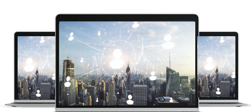 Three laptops displaying a city skyline with digital network icons representing connected users overlaid.