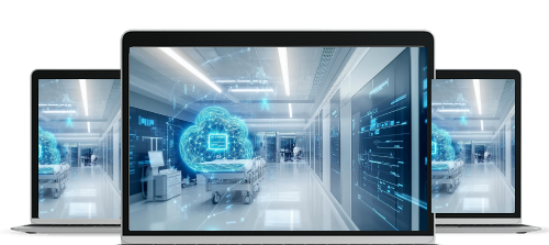 Three laptops displaying a futuristic hospital corridor with a glowing cloud icon representing AI and digital data integration.