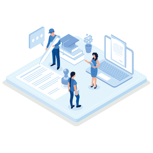 Illustration of three people engaging with giant digital documents, a laptop, and books, symbolizing IT services and solutions for contract research organizations.