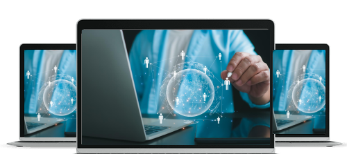 Person's hand interacting with holographic digital globe and human icons projected over a laptop screen.