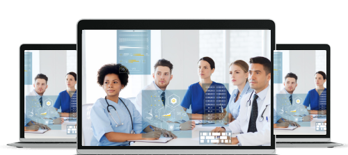 Group of diverse healthcare professionals sitting at a table with digital medical interface graphics displayed in front of them.