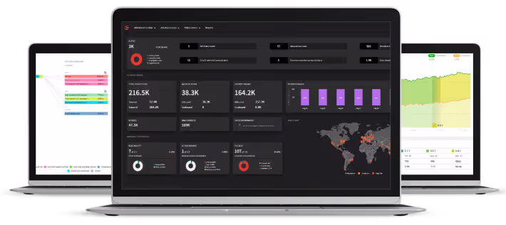 Three overlapping laptops showing a cybersecurity dashboard with metrics on APIs, endpoints, transactions, progress bars, pie chart, and response codes.