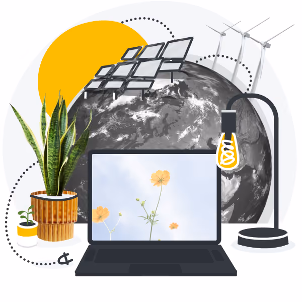 Plant, sun, solar panels and laptop illustration