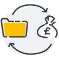 money bag with pound symbol and arrow to yellow folder animation