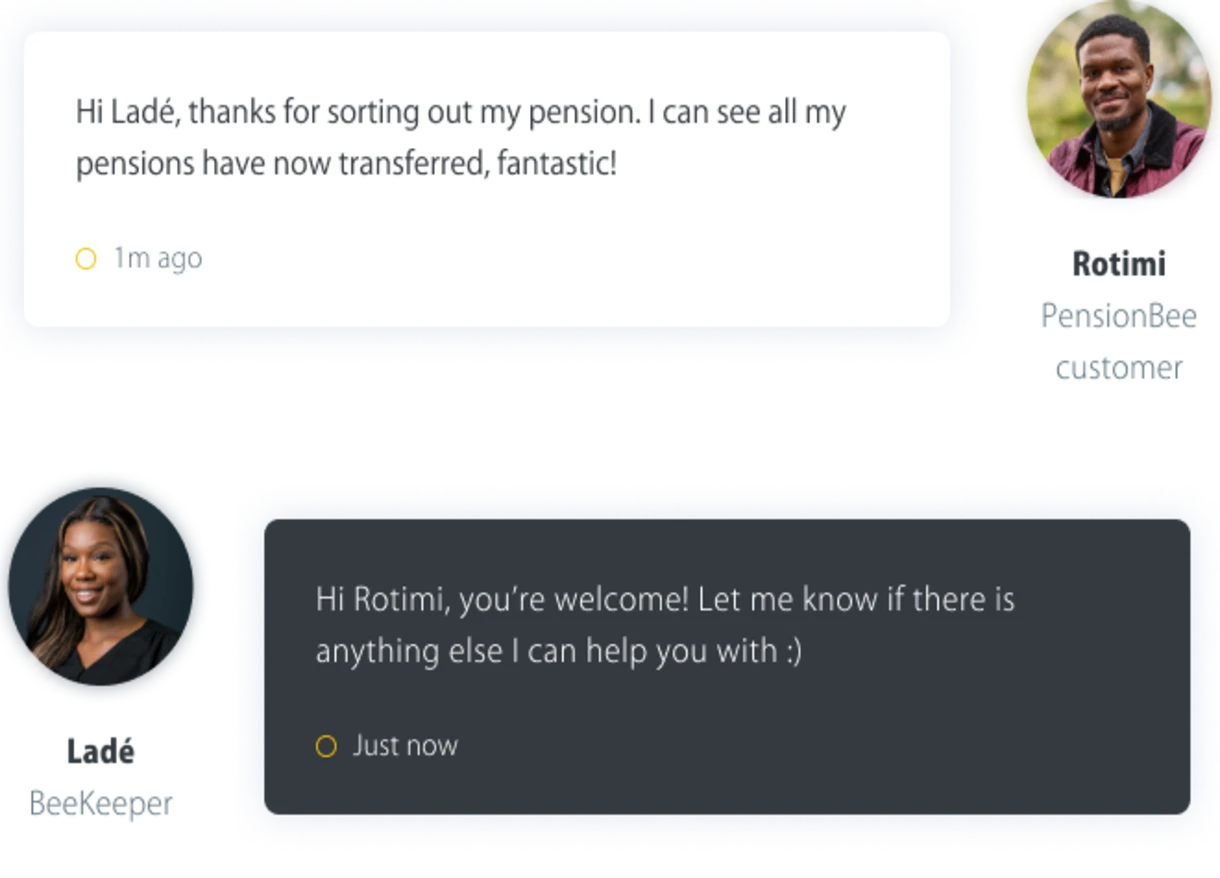 Two chat messages: Rotimi thanks Ladé for sorting out his pension transfer, and Ladé replies offering further help, with profile pictures of a smiling man and woman.