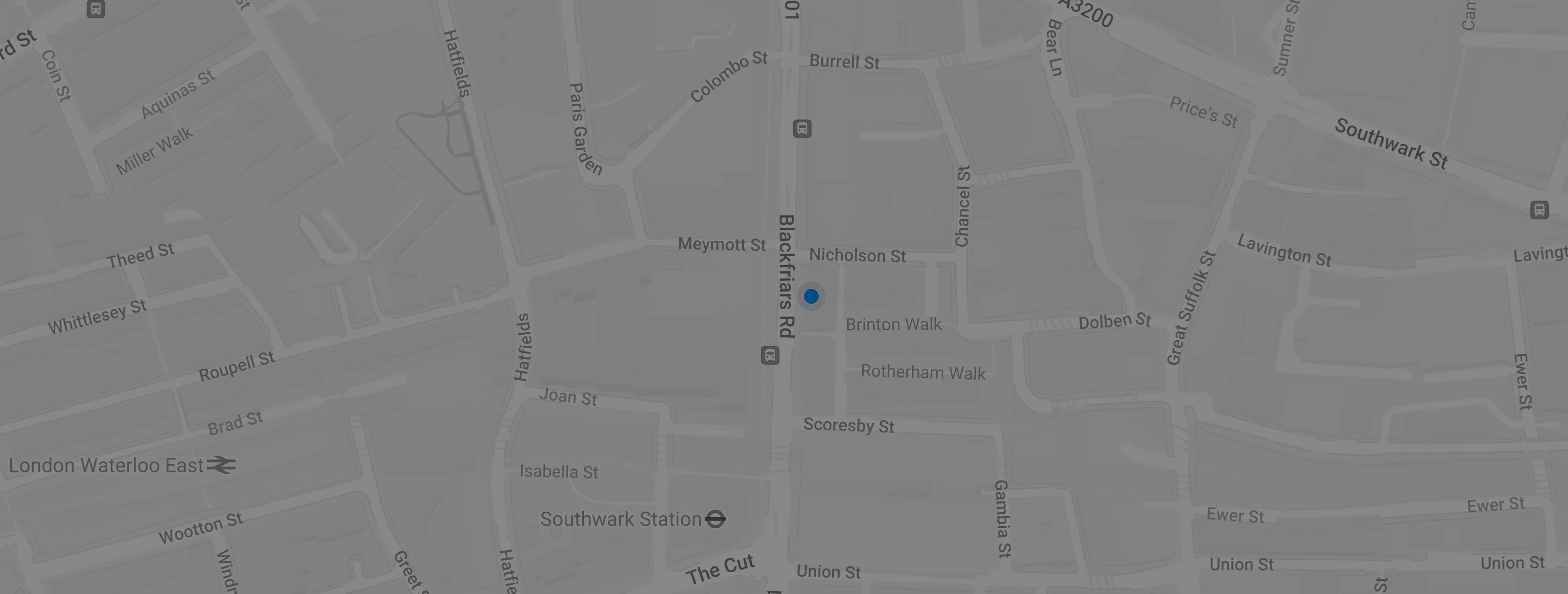 Map showing the area around Southwark Station and London Waterloo East, including streets like Blackfriars Rd, Nicholson St, and Roupell St with a blue location marker near Nicholson St and Blackfriars Rd.