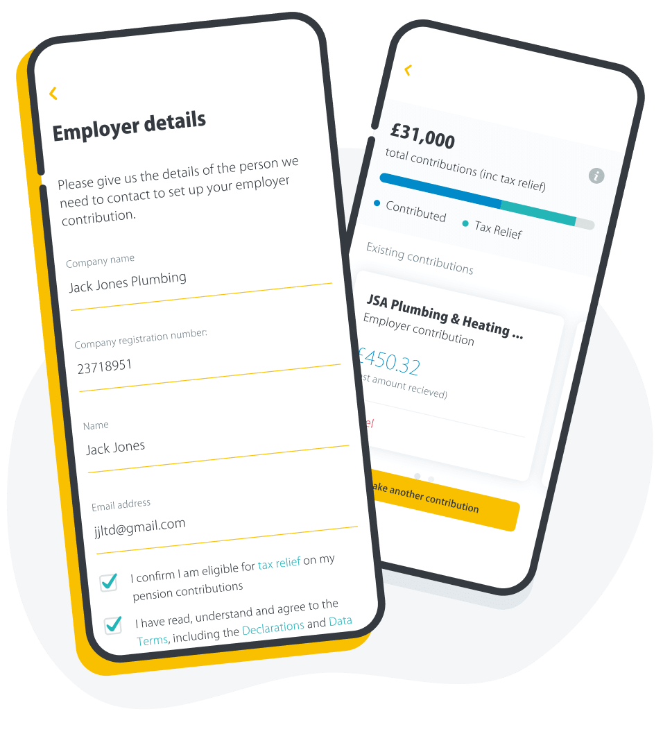 Two mobile screens showing an employer contribution form for Jack Jones Plumbing and a summary of £31,000 total contributions including tax relief.