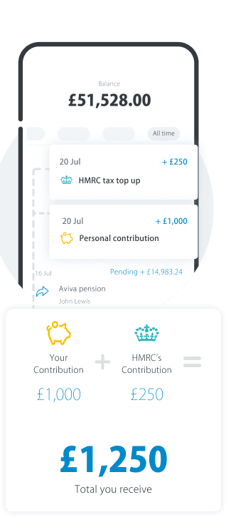 Mobile screen showing pension balance of £51,528.00 with recent top-ups: £250 HMRC tax top up and £1,000 personal contribution, displaying total £1,250 received including contributions.