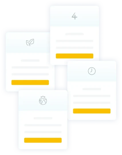Four translucent information cards with yellow buttons and icons of a leaf, number 4, a clock, and a crowned globe.