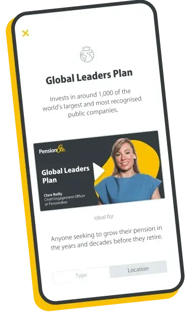 Mobile screen showing Global Leaders Plan information with a photo of a woman and text about investing in top public companies to grow pensions.