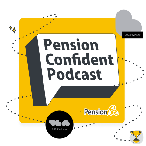 Logo for Pension Confident Podcast by PensionBee with 2023 winner badges and a trophy icon on a yellow background.
