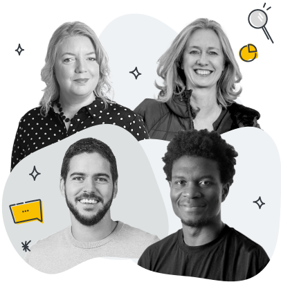 Group portrait of two women and two men smiling with abstract shapes and icons in the background.