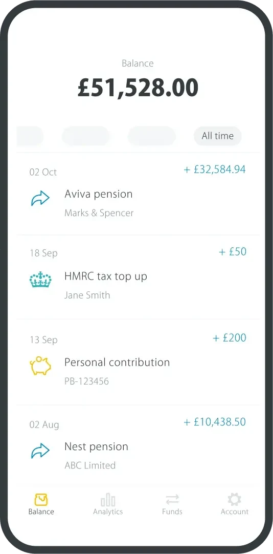 Phone screen showing a pension balance of £51,528.00 with transaction details including Aviva pension, HMRC tax top up, personal contribution, and Nest pension.