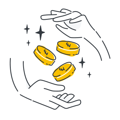 Illustration of two hands tossing three gold coins with pound sterling symbols and shining stars around.