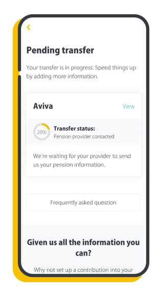 Mobile screen showing a pending transfer status with Aviva pension provider contacted and a progress circle at 20%.
