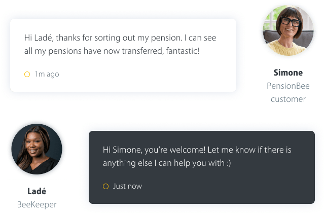 Screenshot of a chat conversation between Simone, a PensionBee customer, thanking Ladé, a BeeKeeper, for sorting out her pension, and Ladé replying offering further help.