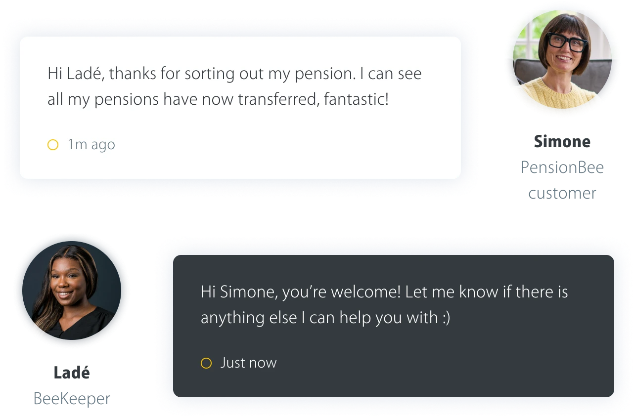 Chat exchange showing a customer thanking a pensions adviser for transferring pensions, and the adviser responding with an offer to help further.