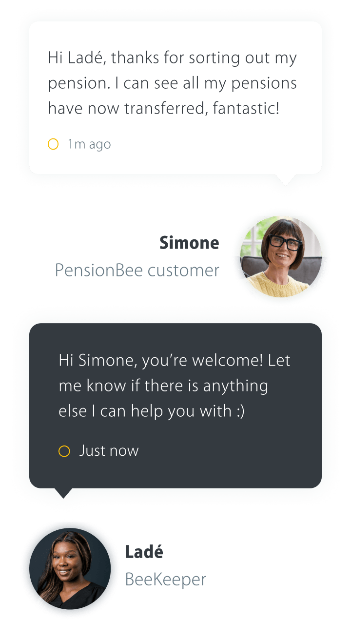 Text message exchange showing a PensionBee customer named Simone thanking Ladé from BeeKeeper for sorting her pension, with profile photos of both women.
