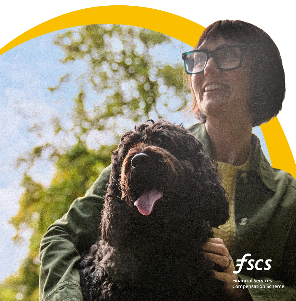 A photograph of Simone and her dog with FSCS branding in the lower right-hand corner.