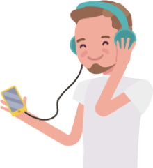 An illustration of a happy man listening to his phone through headphones