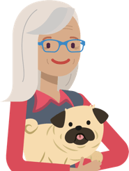 An illustration of a smiling middle-aged woman holding a small dog