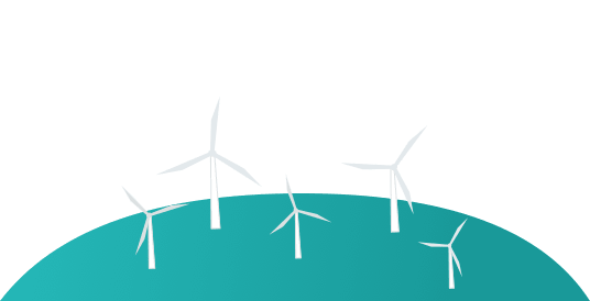 An illustration of wind turbines on a blue half-circle.