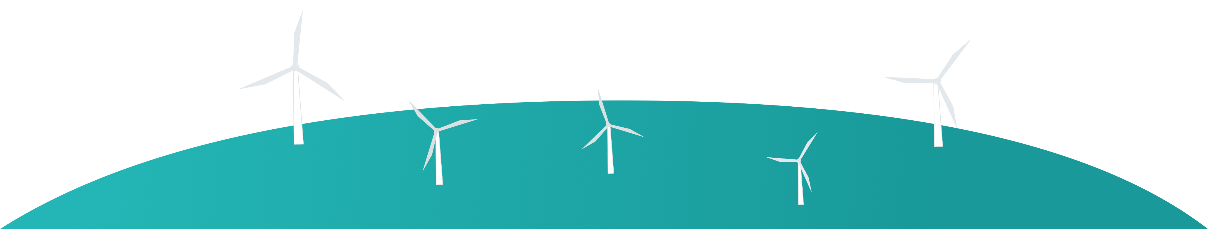 Illustration of five white wind turbines on a teal curved hill against a black background.