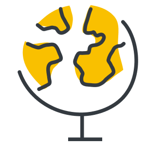 Simplified illustration of a globe with white continents on a yellow background on a stand.
