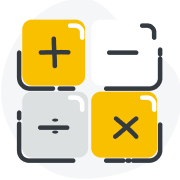 Four square calculator buttons with plus, minus, division, and multiplication symbols in yellow and grey.