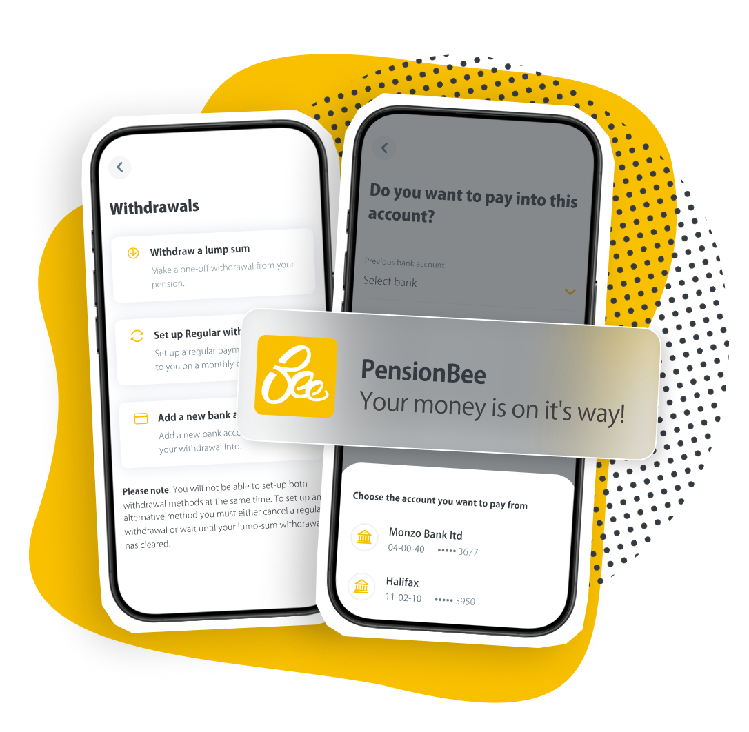Two phones showing the pension dashboard with a notification indicating there are funds arriving soon