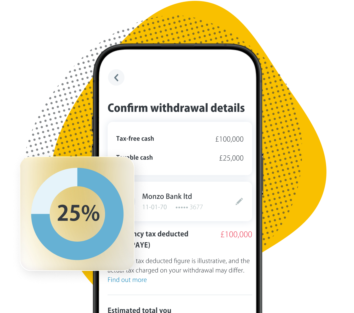 Mobile screen showing a financial app confirming withdrawal details with tax-free cash of £100,000, taxable cash of £25,000, and a 25% currency tax deducted highlighted in red.