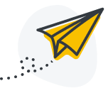 Yellow paper plane flying with dotted trail over a grey abstract shape.