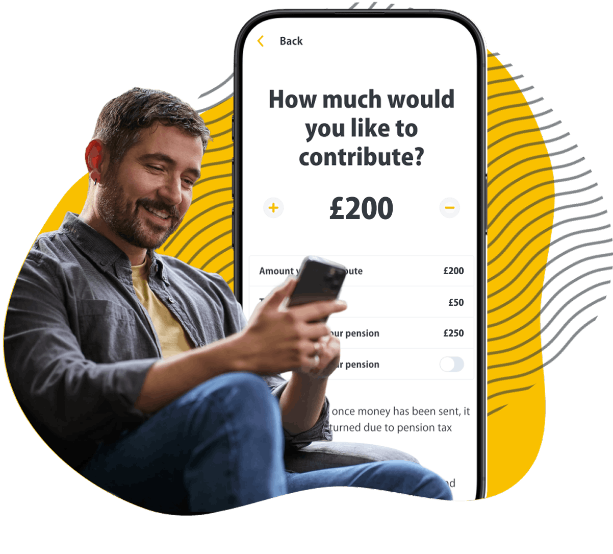 Two phones showing the pension dashboard with a notification indicating there are funds arriving soon