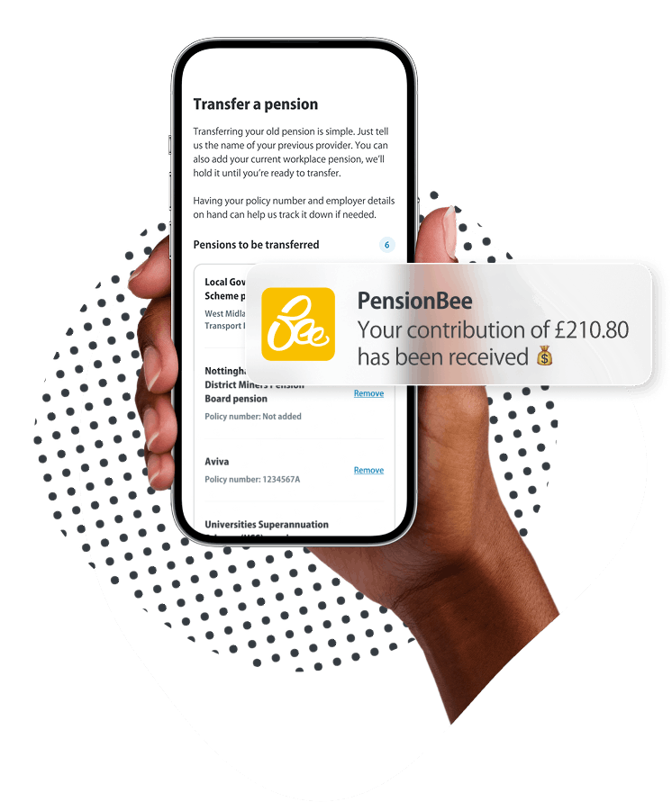 Hand holding phone showing pension transfer details with notification saying PensionBee contribution of £210.80 received.