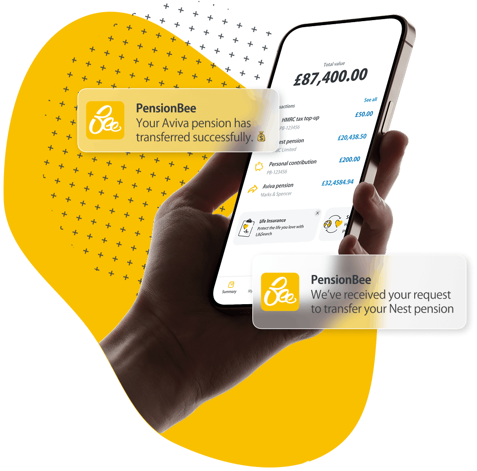 Two smartphones displaying PensionBee app screens for pension withdrawals and bank account payment options, with PensionBee logo and tagline.