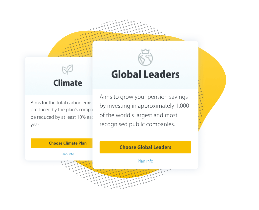 Two investment plan cards side by side: Climate plan and Global Leaders plan, highlighting sectors Financial Services 15.98%, Industrials 13.05%, and Healthcare 9.38%.
