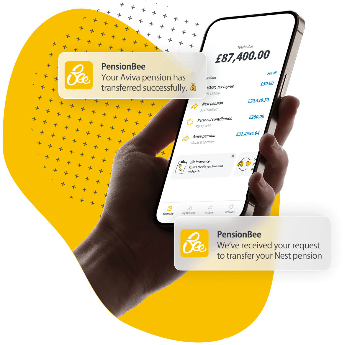 Two phones showing the pension dashboard with a notification indicating there are funds arriving soon