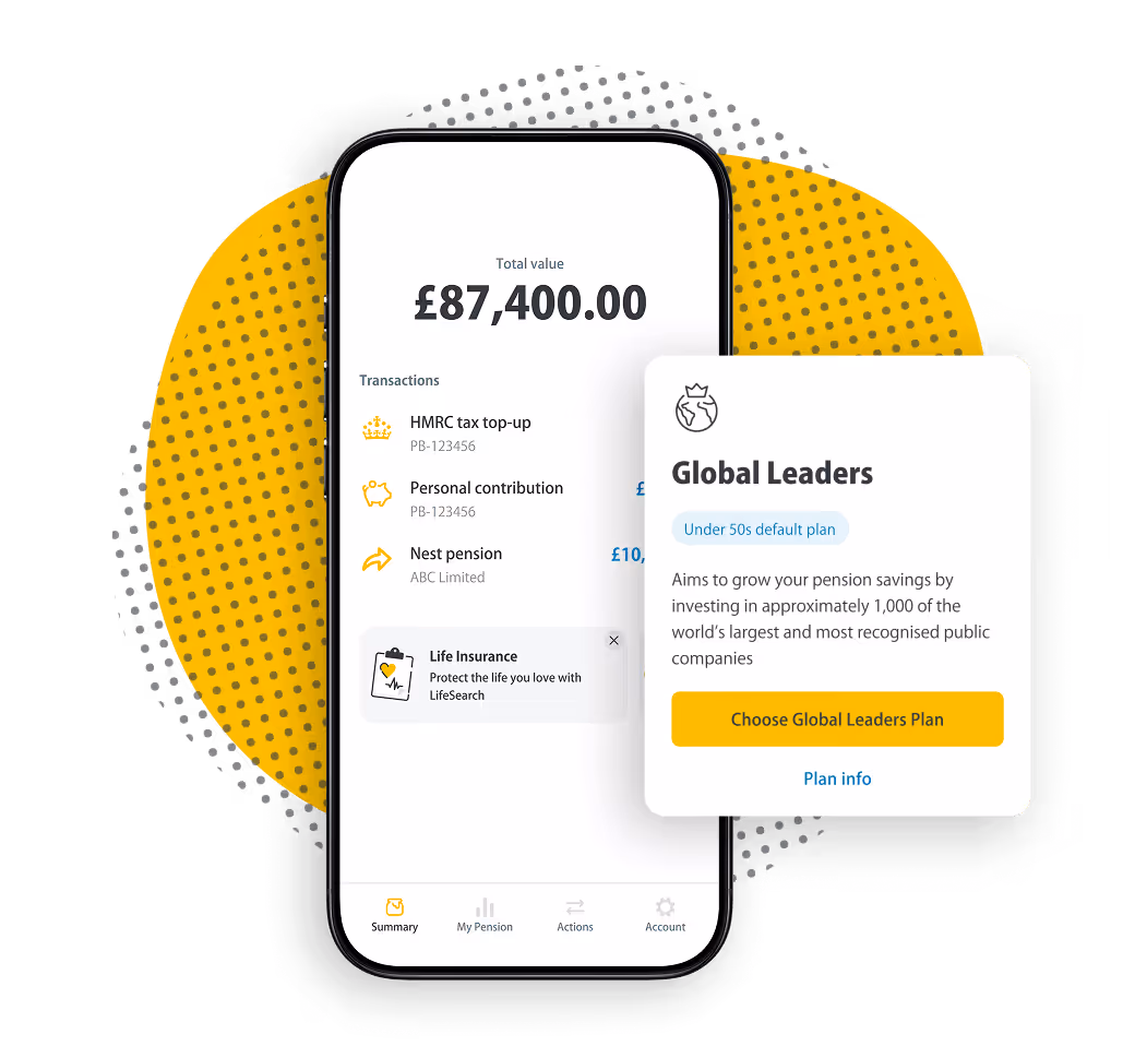 Two investment plan cards side by side: Climate plan and Global Leaders plan, highlighting sectors Financial Services 15.98%, Industrials 13.05%, and Healthcare 9.38%.