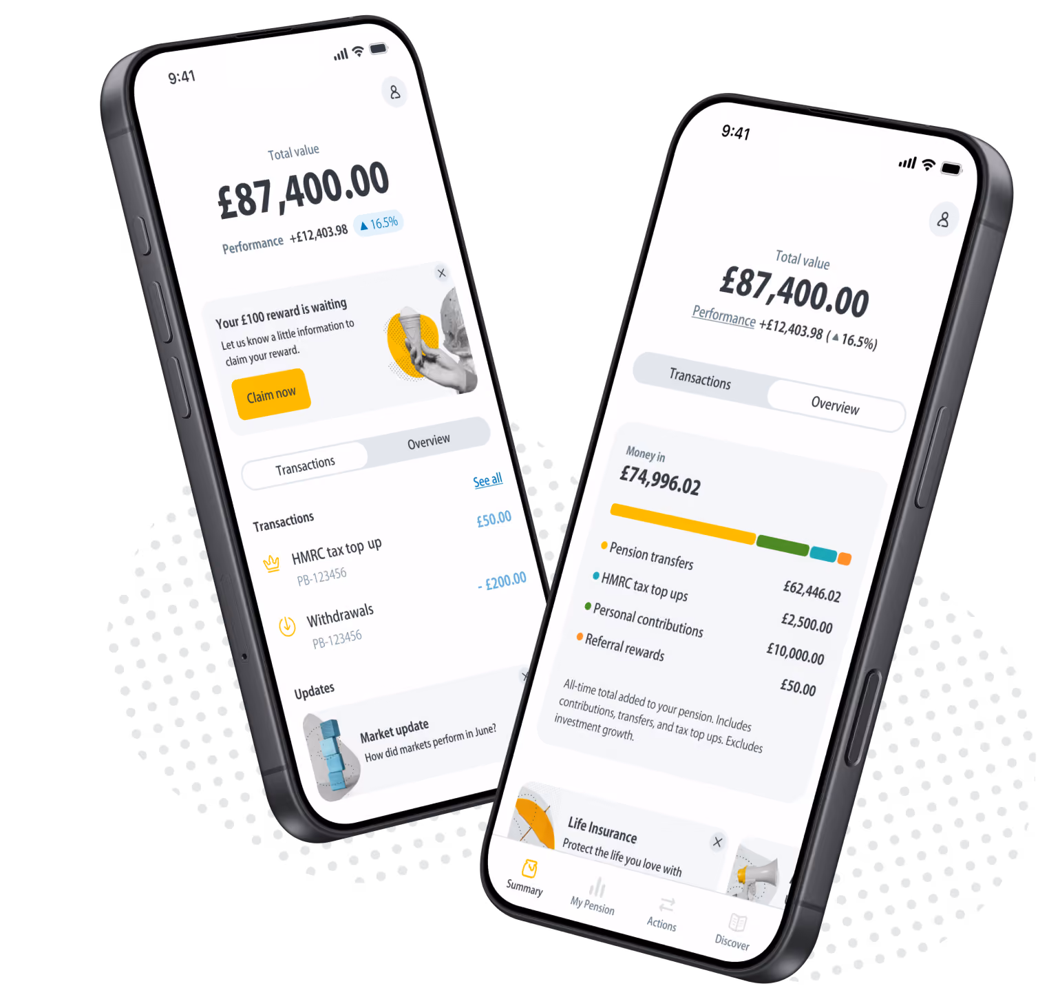 Two smartphones showing a pension app with total value £87,400, transactions, and money in details.