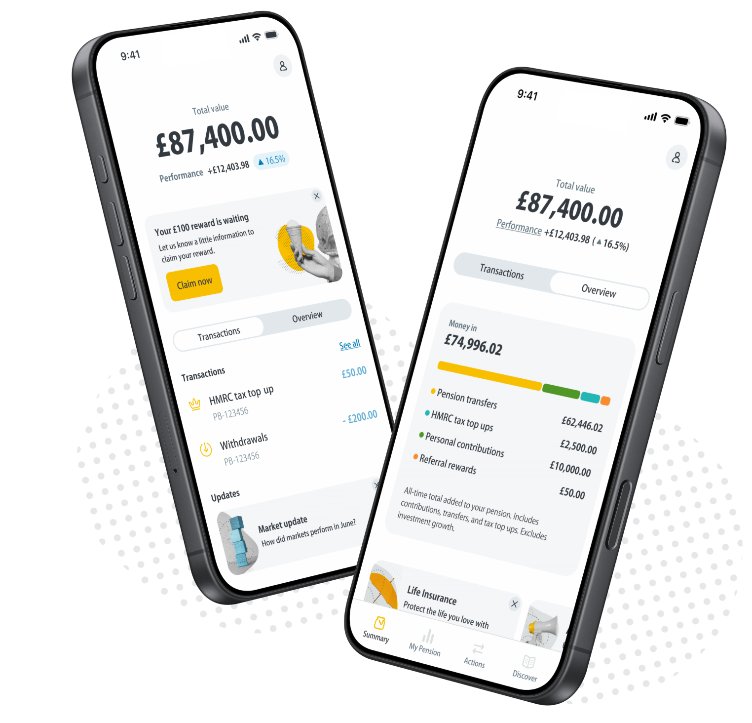 Two smartphones showing a pension app with total value £87,400, transactions, and money in details.