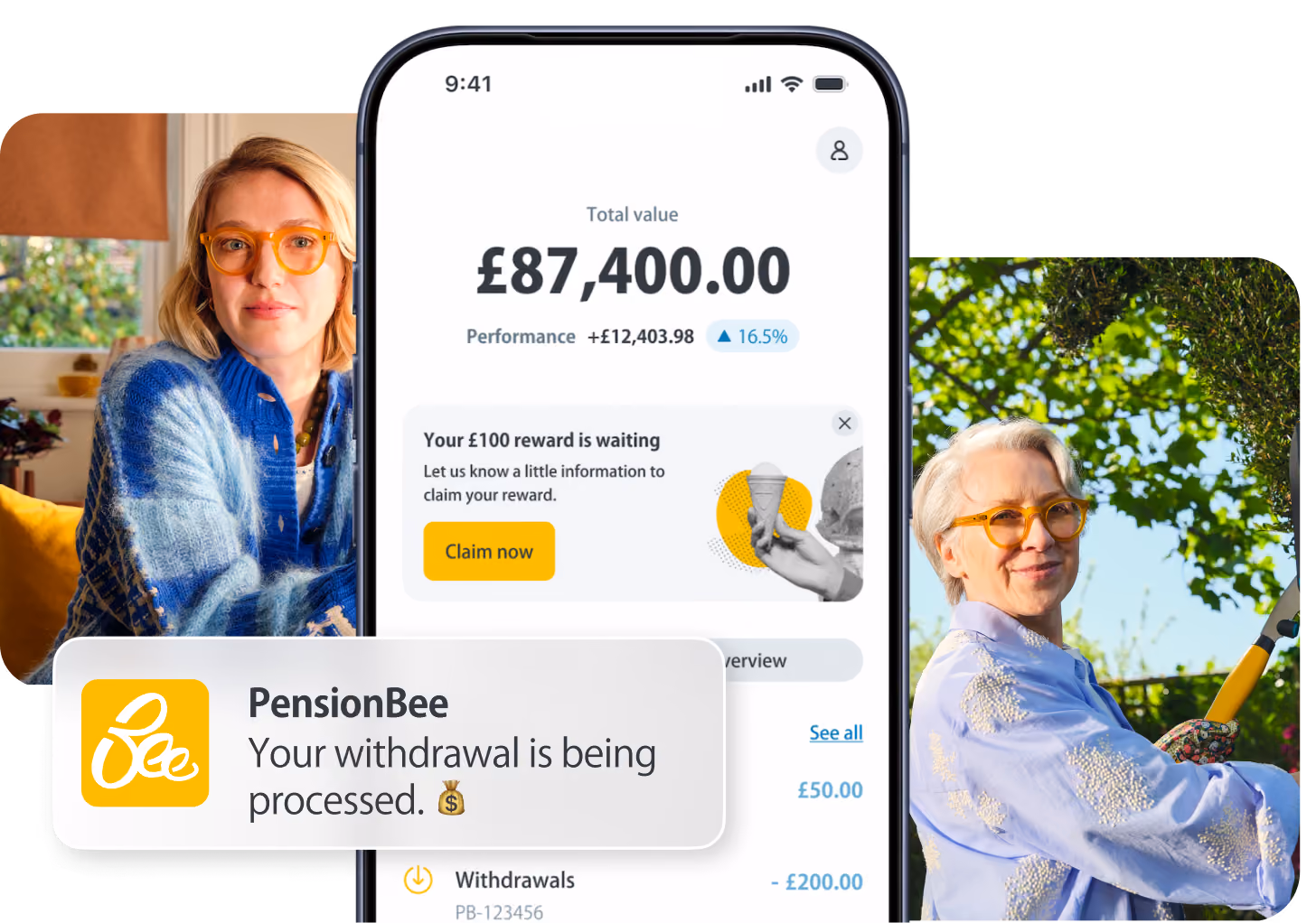 Mobile screen showing £87,400 total value and transactions, with two women on sides and a PensionBee notification.