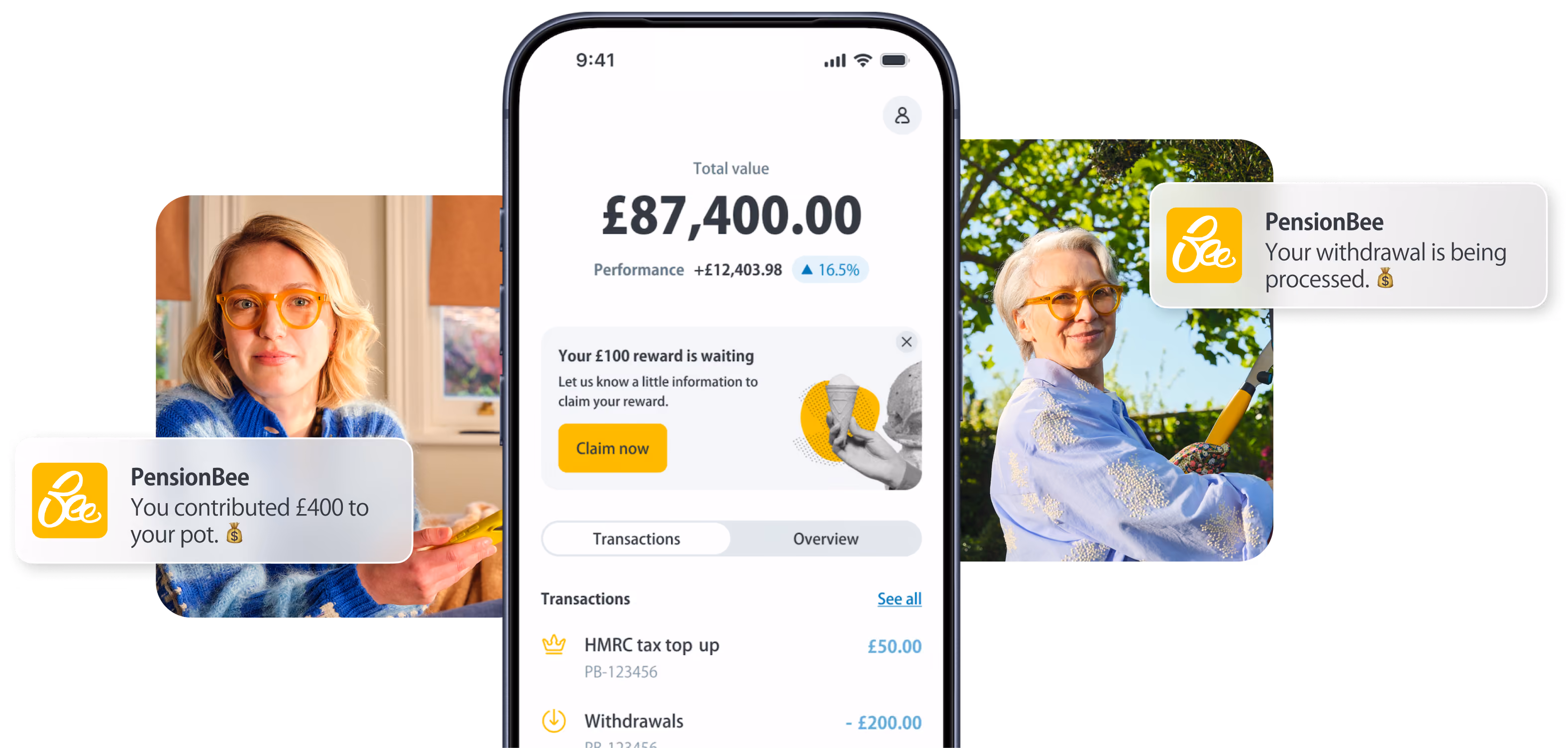 Mobile screen showing pension balance £87,400 with notifications of contributions and withdrawals.