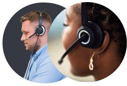 Profile of a woman wearing a headset beside a black circle with white 24/7 text.