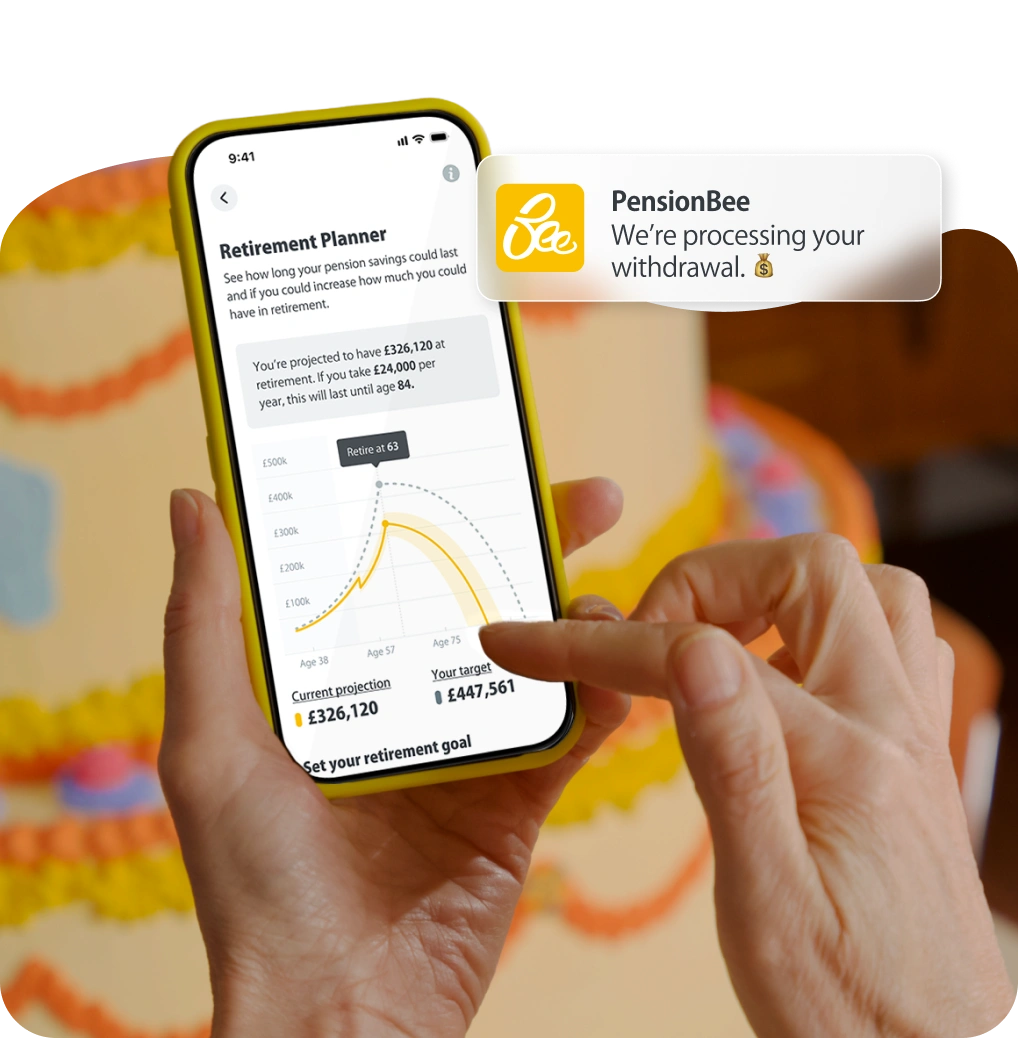 Two phones showing the pension dashboard with a notification indicating there are funds arriving soon