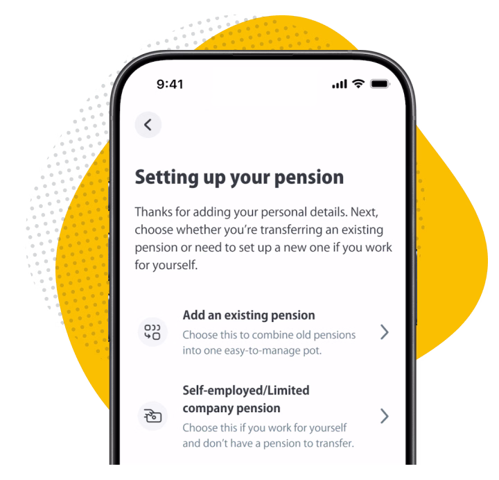 Mobile screen showing a pension app prompt with a cracked piggy bank and coins illustration, text 'Let's get to know you' and a yellow 'Continue' button.