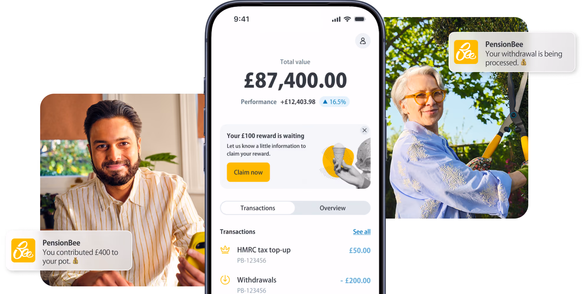 Mobile screen showing pension balance £87,400 with notifications of contributions and withdrawals.