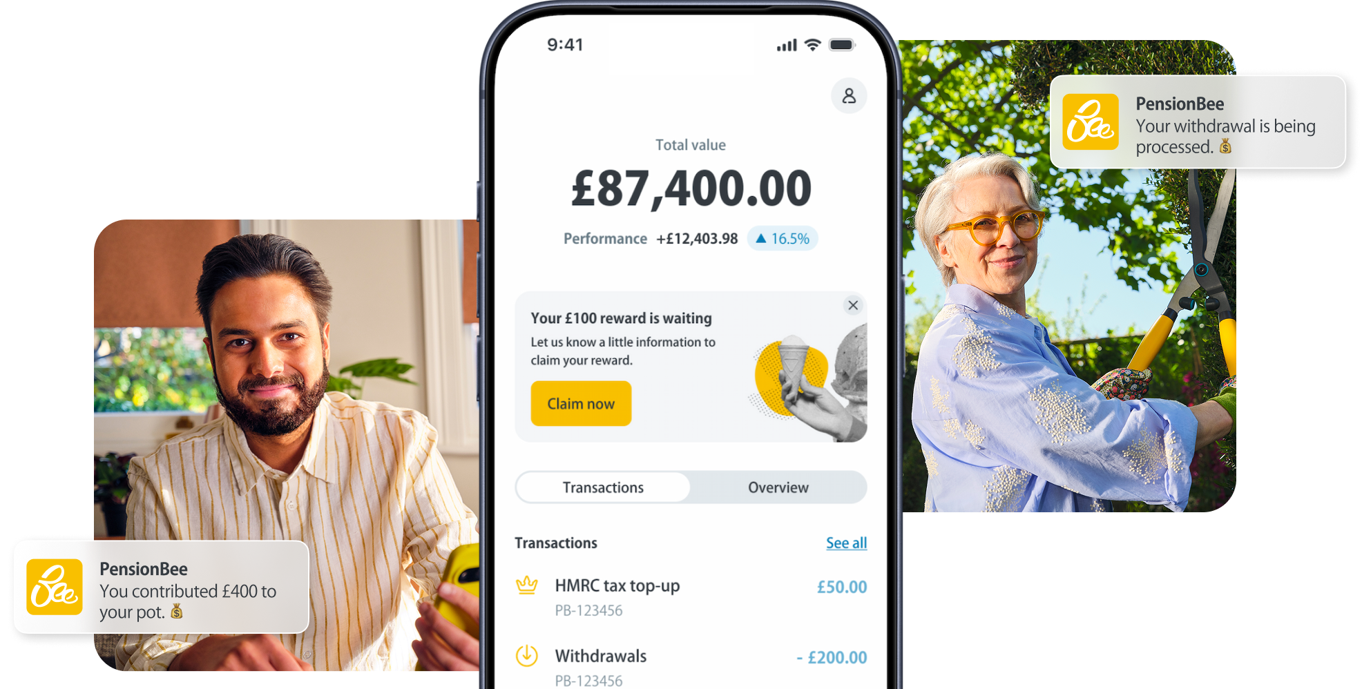 Mobile screen showing pension balance £87,400 with notifications of contributions and withdrawals.