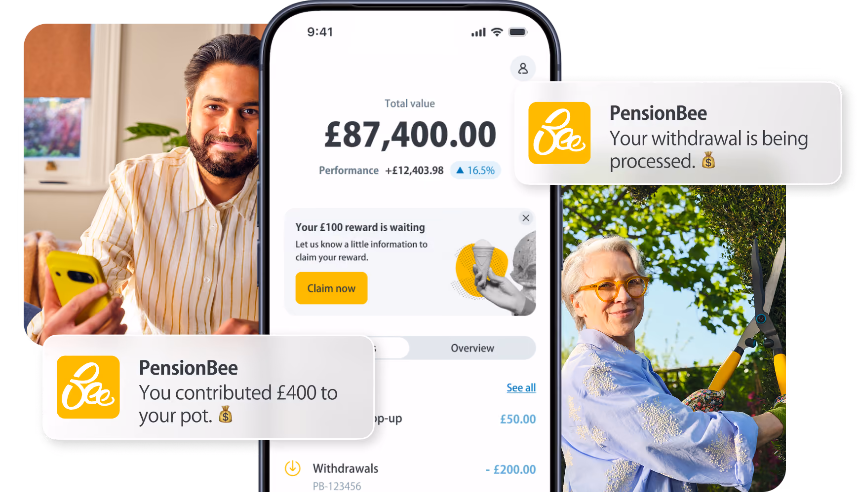 Mobile screen showing £87,400 total value and transactions, with two women on sides and a PensionBee notification.