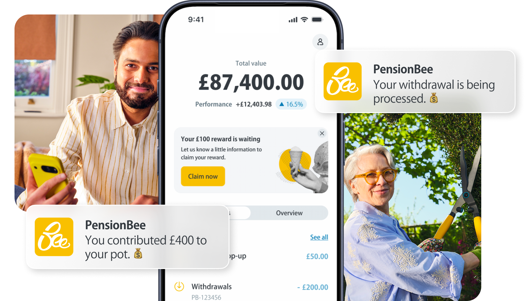 Mobile screen showing £87,400 total value and transactions, with two women on sides and a PensionBee notification.
