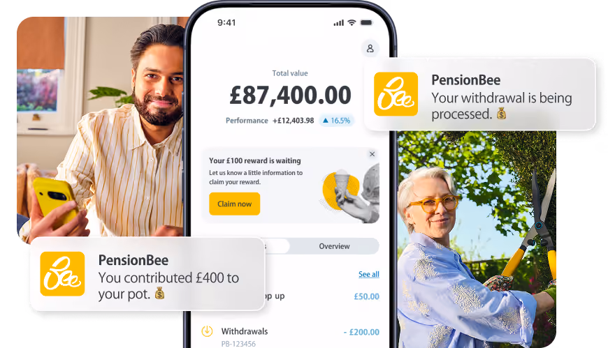 Mobile screen showing £87,400 total value and transactions, with two women on sides and a PensionBee notification.